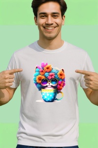 Tricou Pisica cu flori in par si cana cu buline fundal alb Copii | Dama | Barbat - Img 2