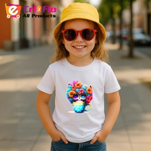 Tricou Pisica cu flori in par si cana cu buline fundal alb Copii | Dama | Barbat - Img 11