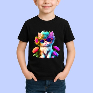 Tricou Pisica cu flori si ochelari mari fundal negru Copii | Dama | Barbat, culoare negru