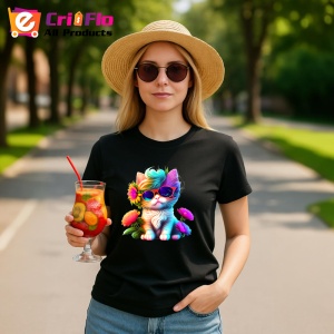 Tricou Pisica cu flori si ochelari mari fundal negru Copii | Dama | Barbat, culoare negru - Img 7