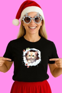 Tricou Pisica Cu Fundal Albastru Craciun, din bumbac 100% Copii | Dama | Barbat - Img 3
