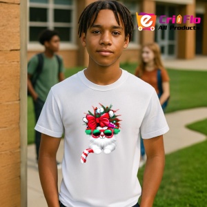 Tricou Pisica cu fundal brad si fundita mare rosie Copii | Dama | Barbat - Img 4