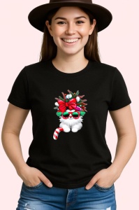 Tricou Pisica cu fundal brad si fundita mare rosie Copii | Dama | Barbat, culoare negru - Img 3
