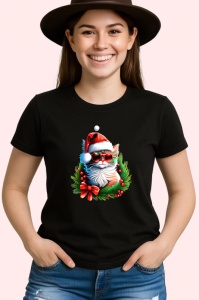 Tricou Pisica cu fundita Craciun si cadou in spate Copii | Dama | Barbat, culoare negru - Img 3