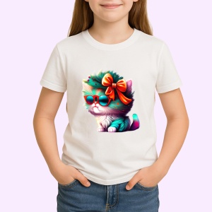 Tricou Pisica cu fundita rosie si blana curcubeu Copii | Dama | Barbat - Img 4