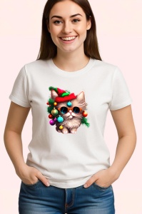 Tricou Pisica cu ochelari globuri si caciula Craciun Copii | Dama | Barbat - Img 3