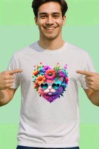 Tricou Pisica cu ochelari in forma de inima si flori roz Copii | Dama | Barbat - Img 2