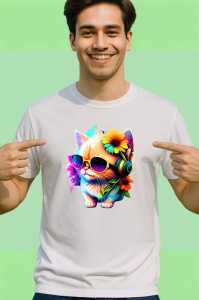 Tricou Pisica cu ochelari si casti turcoaz fundal alb Copii | Dama | Barbat - Img 2