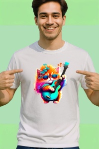Tricou Pisica curcubeu cu chitara electrica si flori albastre Copii | Dama | Barbat - Img 2