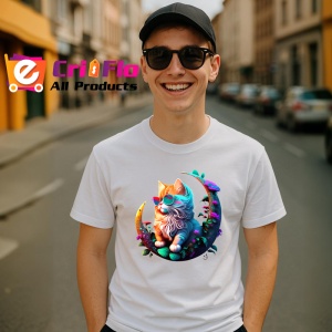 Tricou Pisica curcubeu cu flori albastre pe luna aurie Copii | Dama | Barbat - Img 6