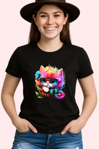 Tricou Pisica curcubeu cu ochelari verzi in stil cool Copii | Dama | Barbat, culoare negru