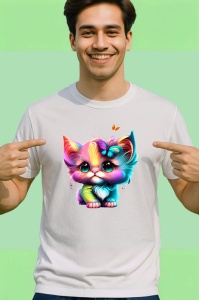 Tricou Pisica curcubeu cu ochi mari si fluture roz Copii | Dama | Barbat - Img 2