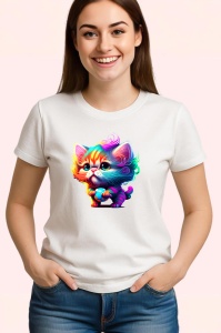 Tricou Pisica curcubeu desen stil pop art cu ochi mari Copii | Dama | Barbat - Img 3