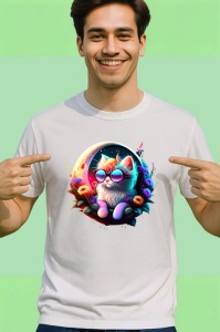 Tricou Pisica curcubeu pe luna cu ochelari si flori fundal alb Copii | Dama | Barbat - Img 2