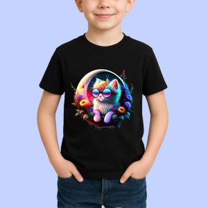 Tricou Pisica curcubeu pe luna cu ochelari si flori fundal alb Copii | Dama | Barbat, culoare negru - Img 4