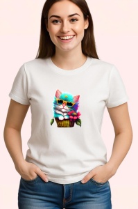 Tricou Pisica fashion in cos cu ochelari si floare mare Copii | Dama | Barbat