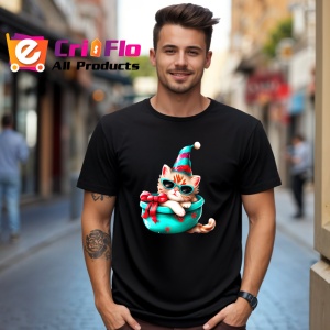 Tricou Pisica festiva in caciula si bol de Craciun Copii | Dama | Barbat, culoare negru - Img 6