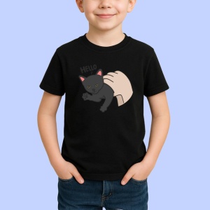 Tricou Pisica Gri Amuzanta Hello Fundal Inchis, din bumbac 100%, tricou negru Copii | Dama | Barbat - Img 2