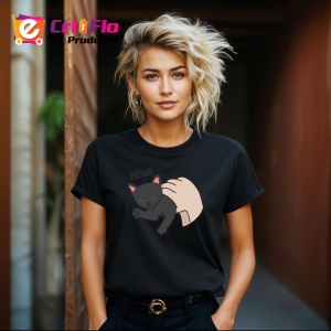Tricou Pisica Gri Amuzanta Hello Fundal Inchis, din bumbac 100%, tricou negru Copii | Dama | Barbat - Img 8