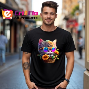 Tricou Pisica gri cu ochelari roz si floare galbena Copii | Dama | Barbat, culoare negru - Img 5