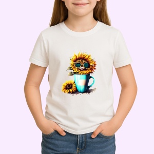 Tricou Pisica in cana galbena cu floarea soarelui si ochelari Copii | Dama | Barbat - Img 4