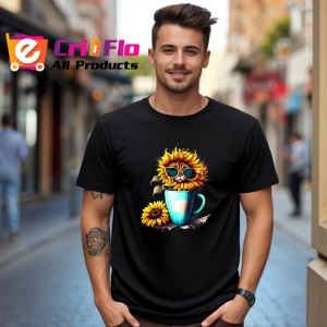 Tricou Pisica in cana galbena cu floarea soarelui si ochelari Copii | Dama | Barbat, culoare negru - Img 6