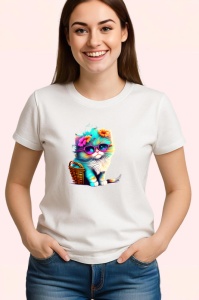 Tricou Pisica pufoasa alba cu ochelari si flori colorate Copii | Dama | Barbat - Img 3