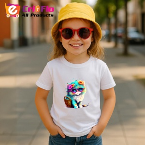 Tricou Pisica pufoasa alba cu ochelari si flori colorate Copii | Dama | Barbat - Img 11