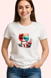 Tricou Pisica pufoasa cu ochelari si fundita mare rosie Copii | Dama | Barbat - Img 3