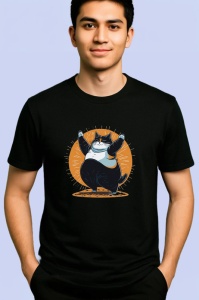 Tricou Pisica rotunda neagra cu fundal solar portocaliu Copii | Dama | Barbat, culoare negru - Img 2