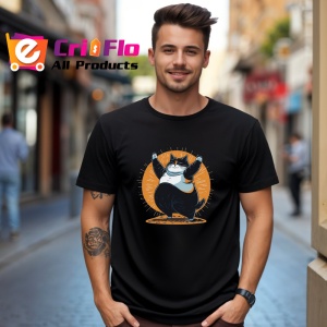 Tricou Pisica rotunda neagra cu fundal solar portocaliu Copii | Dama | Barbat, culoare negru - Img 6