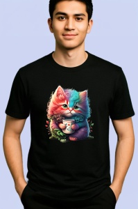 Tricou Pisica roz cu cana si flori fundal artistic Copii | Dama | Barbat, culoare negru - Img 2