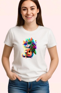 Tricou Pisica roz cu chitara galbena si flori portocalii Copii | Dama | Barbat - Img 3