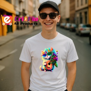 Tricou Pisica roz cu chitara galbena si flori portocalii Copii | Dama | Barbat