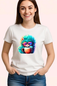 Tricou Pisica turcoaz cu ochelari si cana rosie fundal alb Copii | Dama | Barbat - Img 3