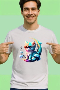 Tricou Pisica turcoaz pe luna aurie cu ochelari fundal alb Copii | Dama | Barbat - Img 2