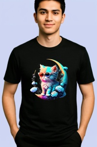 Tricou Pisica turcoaz pe luna aurie cu ochelari fundal alb Copii | Dama | Barbat, culoare negru - Img 2