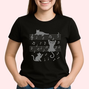 Tricou pisici si note muzicale Negru, Copii | Dama | Barbat