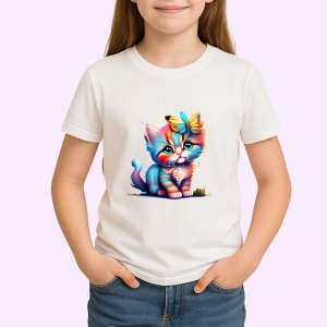 Tricou Pisicuta adorabila cu ochi mari si flori pastel Copii | Dama | Barbat - Img 4