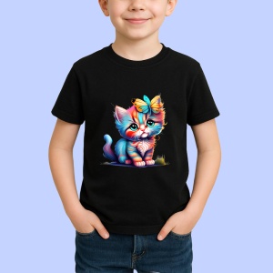 Tricou Pisicuta adorabila cu ochi mari si flori pastel Copii | Dama | Barbat, culoare negru - Img 4
