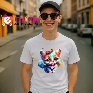 Tricou Pisicuta albastra cu fundita si fluture portocaliu Copii | Dama | Barbat - Img 5