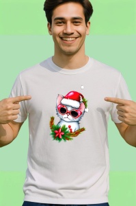 Tricou Pisicuta Craciun cu fundal alb si ochelari mari Copii | Dama | Barbat - Img 2