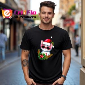 Tricou Pisicuta Craciun cu fundal alb si ochelari mari Copii | Dama | Barbat, culoare negru - Img 6