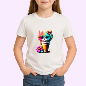 Tricou Pisicuta cu cana cafea si flori mov galbene Copii | Dama | Barbat - Img 4