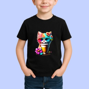 Tricou Pisicuta cu cana cafea si flori mov galbene Copii | Dama | Barbat, culoare negru
