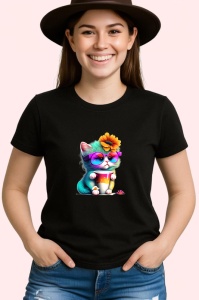 Tricou Pisicuta cu floare in par si cana curcubeu Copii | Dama | Barbat, culoare negru - Img 3