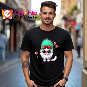 Tricou Pisicuta cu fundita rosu si baston zahar verde Copii | Dama | Barbat, culoare negru - Img 6