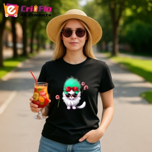 Tricou Pisicuta cu fundita rosu si baston zahar verde Copii | Dama | Barbat, culoare negru - Img 8