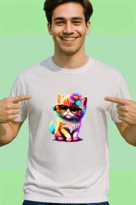 Tricou Pisicuta curcubeu cu floare si fundal alb Copii | Dama | Barbat - Img 2