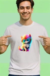 Tricou Pisicuta curcubeu cu fundal negru si ochelari rotunzi Copii | Dama | Barbat - Img 2